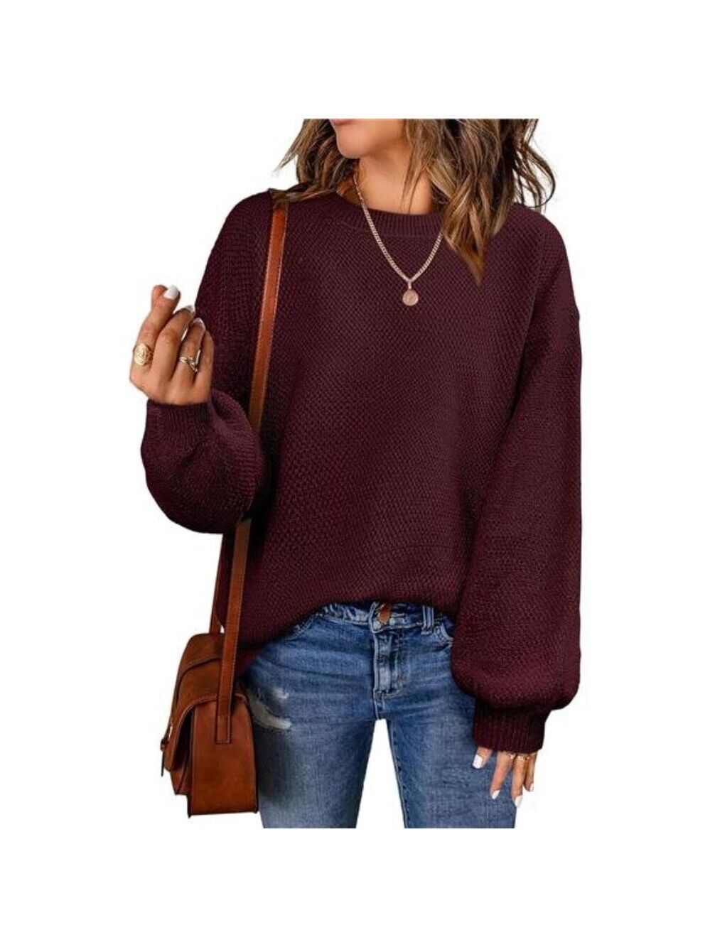 Womens Oversized Sweater Crew Neck Long Sleeve Loose Knit Fall Winter Top